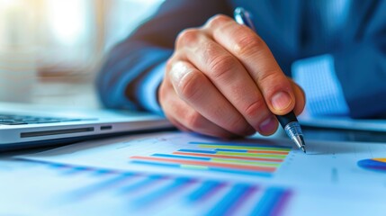 Fototapeta premium A man is writing with a pen on a piece of paper with graphs. The graphs are colorful and show different data points. The man is focused on his work, and the scene conveys a sense of concentration