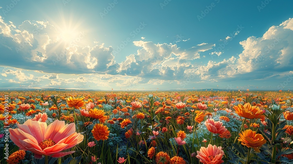 Poster Beautiful image of a field of vibrant flowers under a bright sun, transitioning to a drought-stricken landscape, highlighting the effects of climate change on flora and ecosystems. high resolution