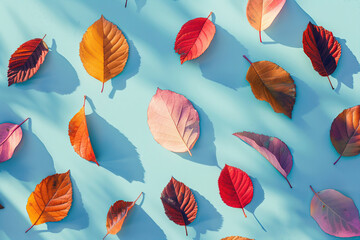 Fototapeta premium Assorted colorful leaves on light blue backdrop
