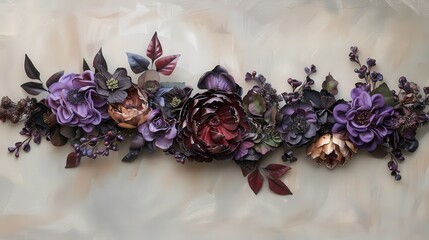 A beautifully arranged floral garland in shades of brown and lavender showcases intricate blossoms against a soft, neutral background