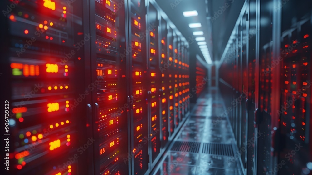 Poster a high-tech data center features rows of servers with blinking red lights, conveying a busy environm