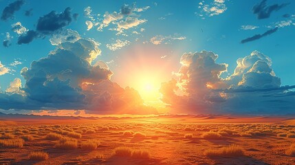 Dramatic photograph of a desert landscape under a blazing sun with shifting weather patterns, emphasizing the harsh conditions and impacts of climate change on arid environments. high resolution