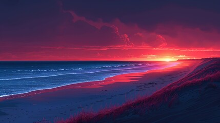 Obraz premium Beautiful photograph of a beach at sunset with a clear sky transitioning to stormy weather, showcasing the effects of climate change on coastal and marine environments. high resolution Illustration,