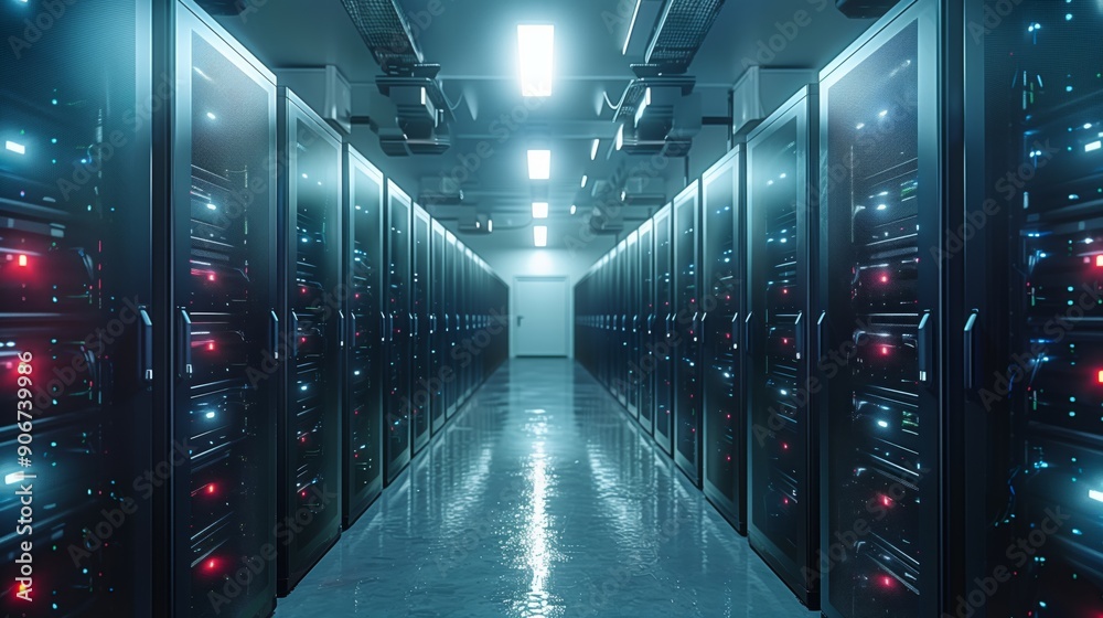 Poster bright led lights illuminate rows of powerful servers in a high-tech data center, creating a futuris