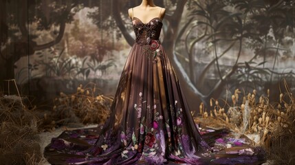 A stunning brown and lavender floral dress is showcased in a scenic outdoor setting, highlighting its intricate design and beautiful colors