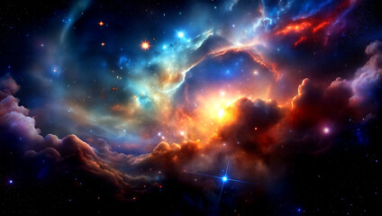 Naklejka premium colorful nebula with glowing stars, deep space background with space for text 