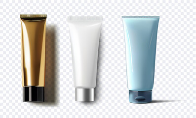 3D illustration of three cosmetic tubes in different colors and designs on a transparent background, perfect for beauty and skincare product presentations beauty cleanser packaging design. Vector