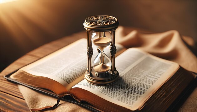 Vintage Hourglass on Open Bible with Sunlight Streaming Through Window, Symbolizing the Passage of Time and Timeless Wisdom of Scripture