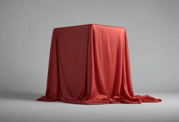 Rectangular table covered red satin fabric is set A red satin cl