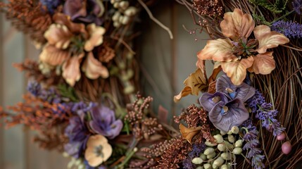 Fototapeta premium A decorative brown and lavender floral wreath showcases intricate flowers and leaves, perfect for seasonal home decor