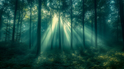 Fototapeta premium Sun rays are illuminating the foggy forest floor as they shine through the trees