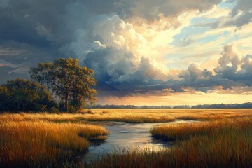 Golden Grasslands Under Dramatic Skies