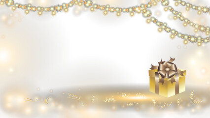 A festive surprise gift box in golden color with a bow on a pastel beige background with a coil and confetti.A banner with glitter and garlands.Golden and Silver serpentine with glowing lights.