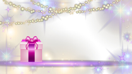 A festive surprise gift box in golden color with a bow on a pastel beige background with a coil and confetti.A banner with glitter and garlands.Golden and Silver serpentine with glowing lights.
