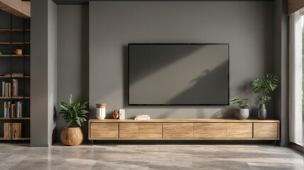 Modern living room large flat-screen TV mounted wall Blank TV sc