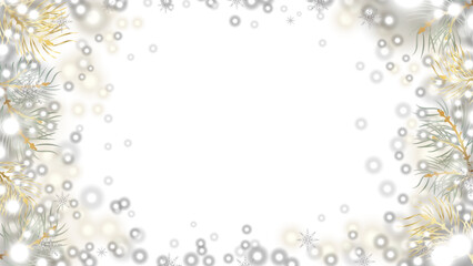 Golden luxury glitter background. Festive vector background with spruce, snowflake, gold, star and confetti for celebration. Black background with glowing golden particles.