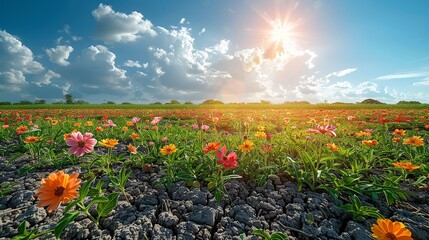 Beautiful image of a vibrant field of flowers under a bright sun, transitioning to a drought-stricken landscape, capturing the impact of climate change on flora and the need for protection. high