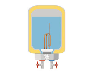 Cross-sectional diagram of a water heater with internal components: heating elements, insulation layer, thermometer, and connection fittings. Modern water tank with heating pipe. Vector illustration