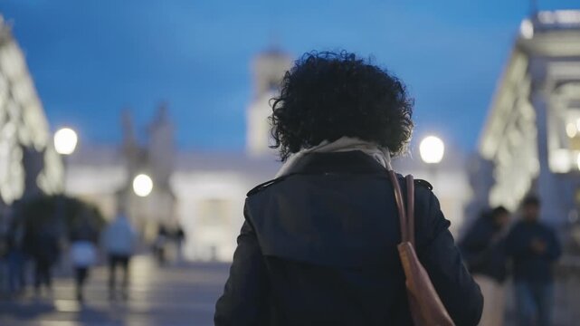 Trendy stylish businesswoman walk at the Cordonata Capitolina stairs with defocused Campidoglio at background in Rome during twilight, concept of travel