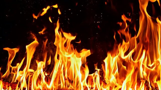 Flames shooting upwards on a black background, bright and dynamic fire