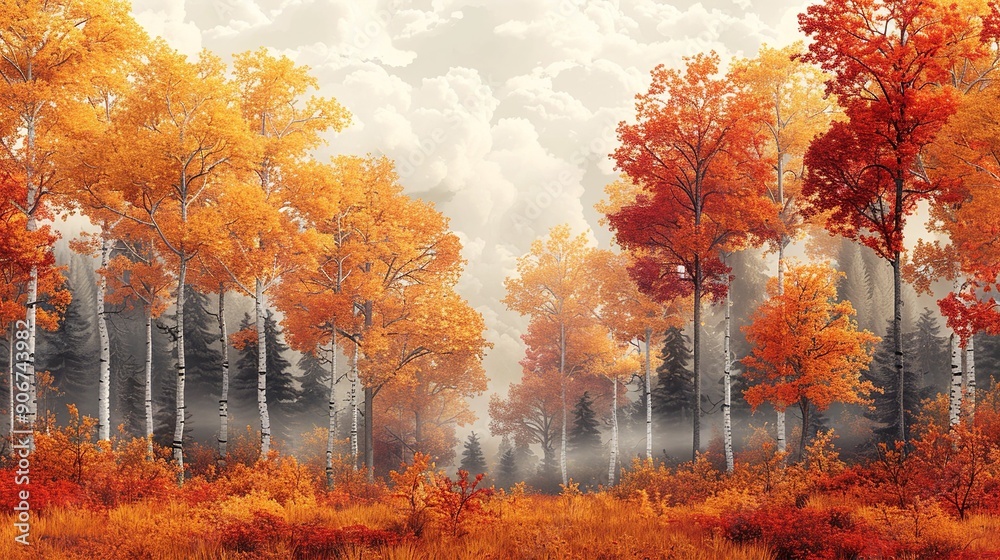 Poster Dynamic scene of a forest in autumn with vibrant foliage and a smoky haze, illustrating the impact of climate change on seasonal changes and the importance of environmental protection. high