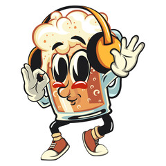 beer cartoon character retro vector design listening to headset while dancing, work of hand drawn