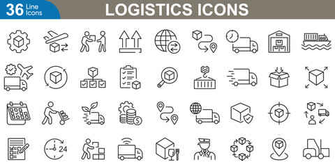 Logistics icons set vector illustration. Transportation, warehouse, delivery, supply chain, shipping, inventory, cargo and more.