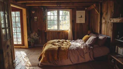 A serene bedroom featuring a brown quilt, lavender sheets, and sunlight filtering through large windows, creating a welcoming, comfortable space