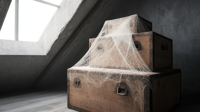 A haunted attic with old trunks, cobwebs, and ghostly apparitions, high-resolution photo, realistic photo