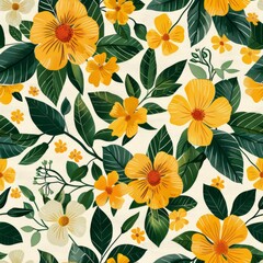 Seamless pattern with yellow flowers and green leaves. illustration.
