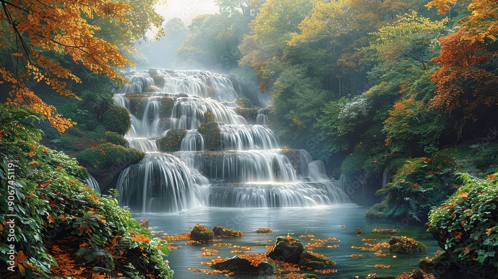 Wall mural Captivating image of a cascading waterfall surrounded by lush greenery and autumn leaves, with a distant smoky haze, illustrating the need for environmental protection and sustainability. high