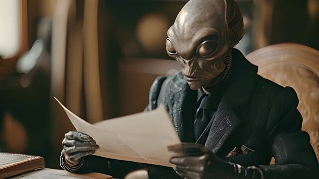 Mysterious Alien Creature Reviewing Documents in Elegant Office Setting