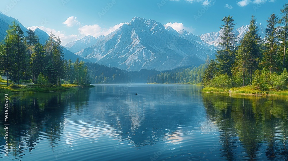 Canvas Prints A calm lake surrounded by trees and mountains, reflecting the need for environmental protection and the effects of climate change on natural water sources. high resolution Illustration, in the style