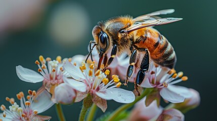 A close-up of a bee on a blooming flower, representing the role of nature in environmental balance and the need for conservation efforts to combat climate change. high resolution Illustration, in the