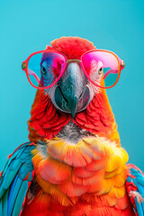 a parrot wearing sunglasses in front of a colorful background