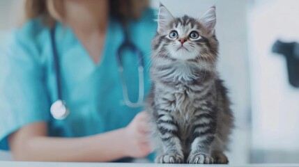Female doctor is examining a kitten at a veterinary clinic