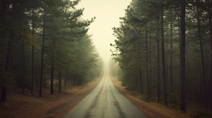 Fototapeta premium Endless Possibilities: Scenic Road Vanishing into the Distance amidst Towering Pine Trees