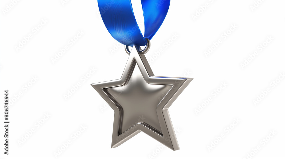 Wall mural silver star medal with blue ribbon: a gleaming silver star medal with a classic blue ribbon hangs ag