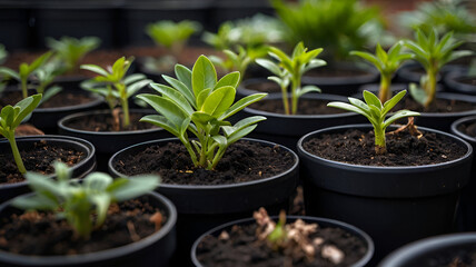 A close-up view of young plants in black pots, highlighting the early growth stages of the plants. The image captures the potential and promise of plants. 