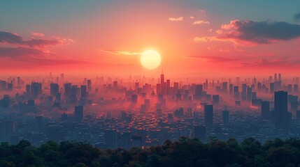 Obraz premium A dramatic view of a city engulfed in smog, illustrating the impacts of global warming on air quality and the importance of environmental protection and sustainability. high resolution Illustration,