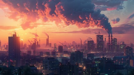 Fototapeta premium A dramatic view of a city skyline with visible smoke and pollution, highlighting the need for sustainability and climate action to reduce global warming impacts and protect air quality. high