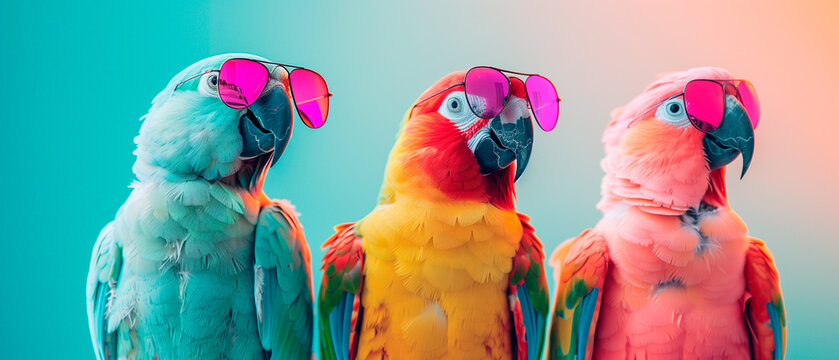 three parrots wearing sunglasses in front of a colorful background