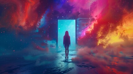 person going through an interdimensional door with a universe background and many neon colors