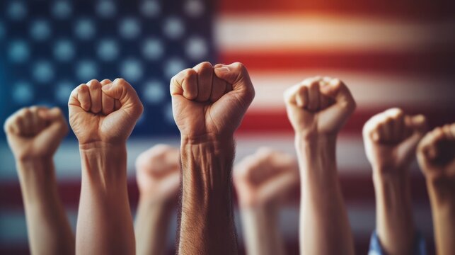 raised fist showing unity against the background of the American flag