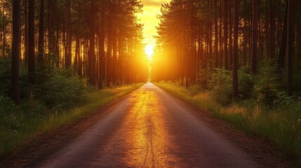 Obraz premium Enchanting Sunset Drive: Golden Light in Pine Forest Road