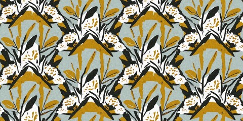 Modern printed fabric flower block print pattern with linen texture effect. Stylized boho dark floral for chic fashion background motif border design.