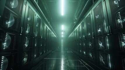 A high-tech server room filled with sleek data storage units, illuminated by soft, greenish light, creating a futuristic atmosphere.