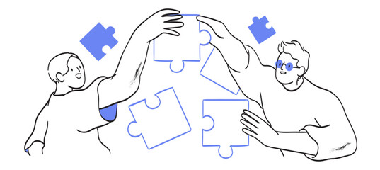 Teamwork team building concept. People connect jigsaw puzzle pieces together, employee make corporate business goal successful solution in collaboration, create company unity. Line vector illustration