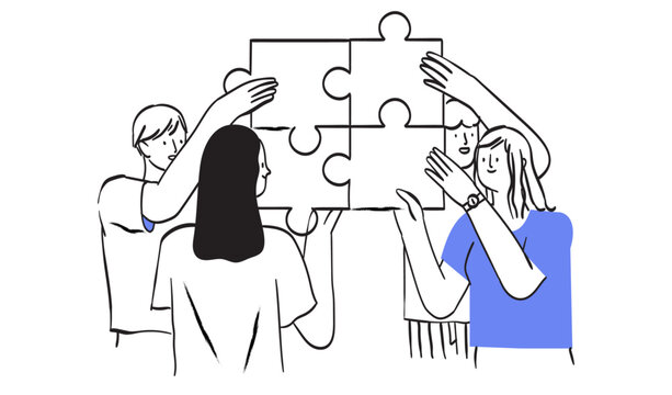 recommend clip art: Teamwork team building concept. People connect jigsaw puzzle pieces together, employee make corporate business goal successful solution in collaboration, create company unity. Line vector illustration