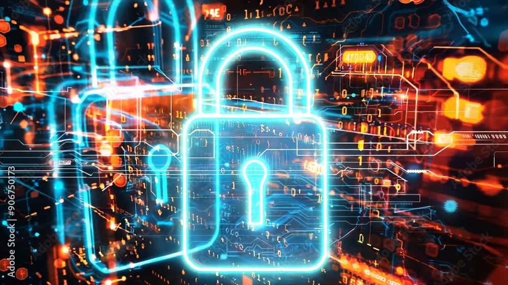 Poster Digital padlock and binary code background, online security concept